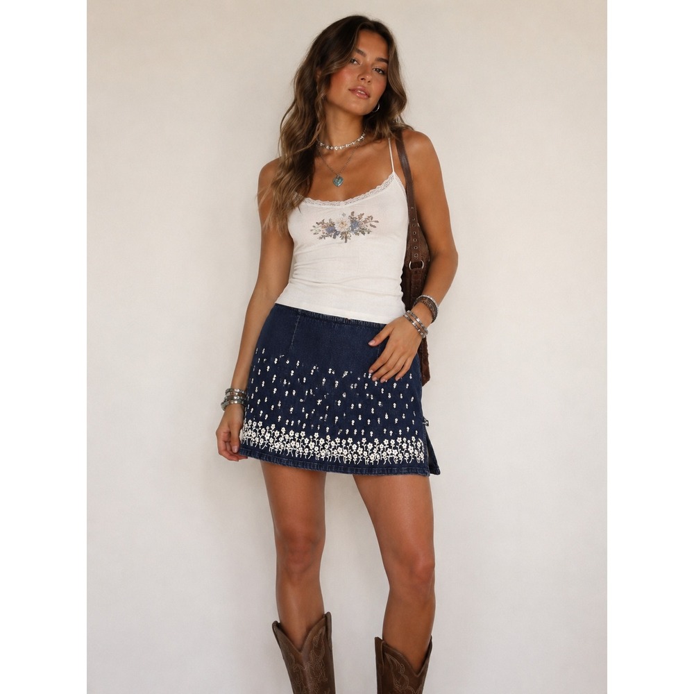 Route 66 Floral Denim Skort Y2K Coquette Boho Blue Cotton Spandex Size‎ 13/14
